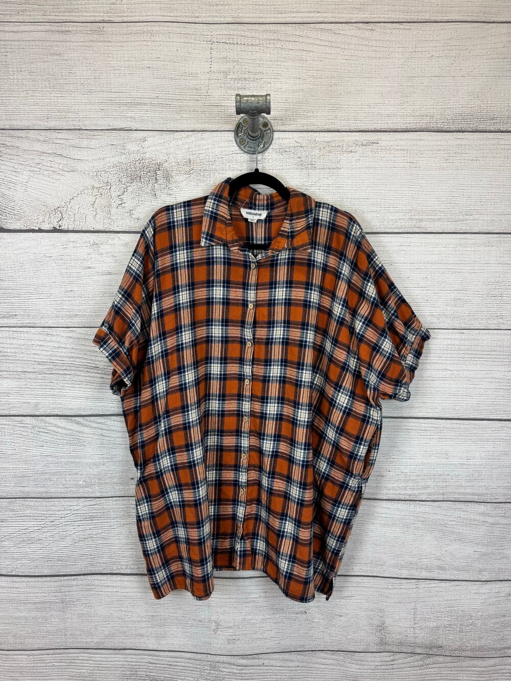 Mittoshop Women's Orange Blue Plaid Button Up Flannel Tunic Top Size Large